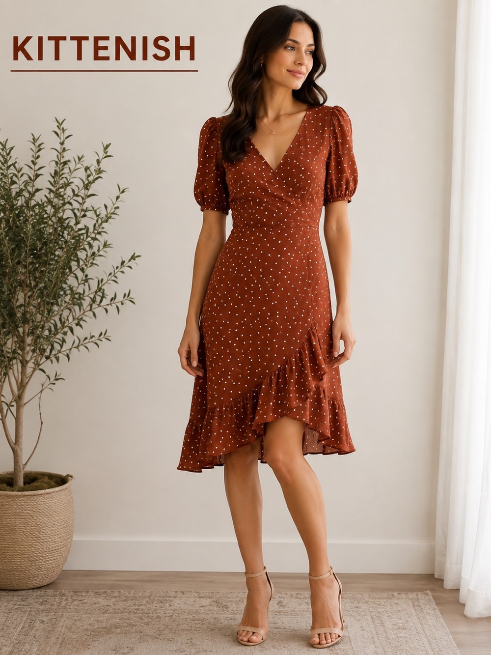 Kittenish Brown Polka Dot High-Low Ruffle Midi Dress Ruched Puff Sleeve Medium